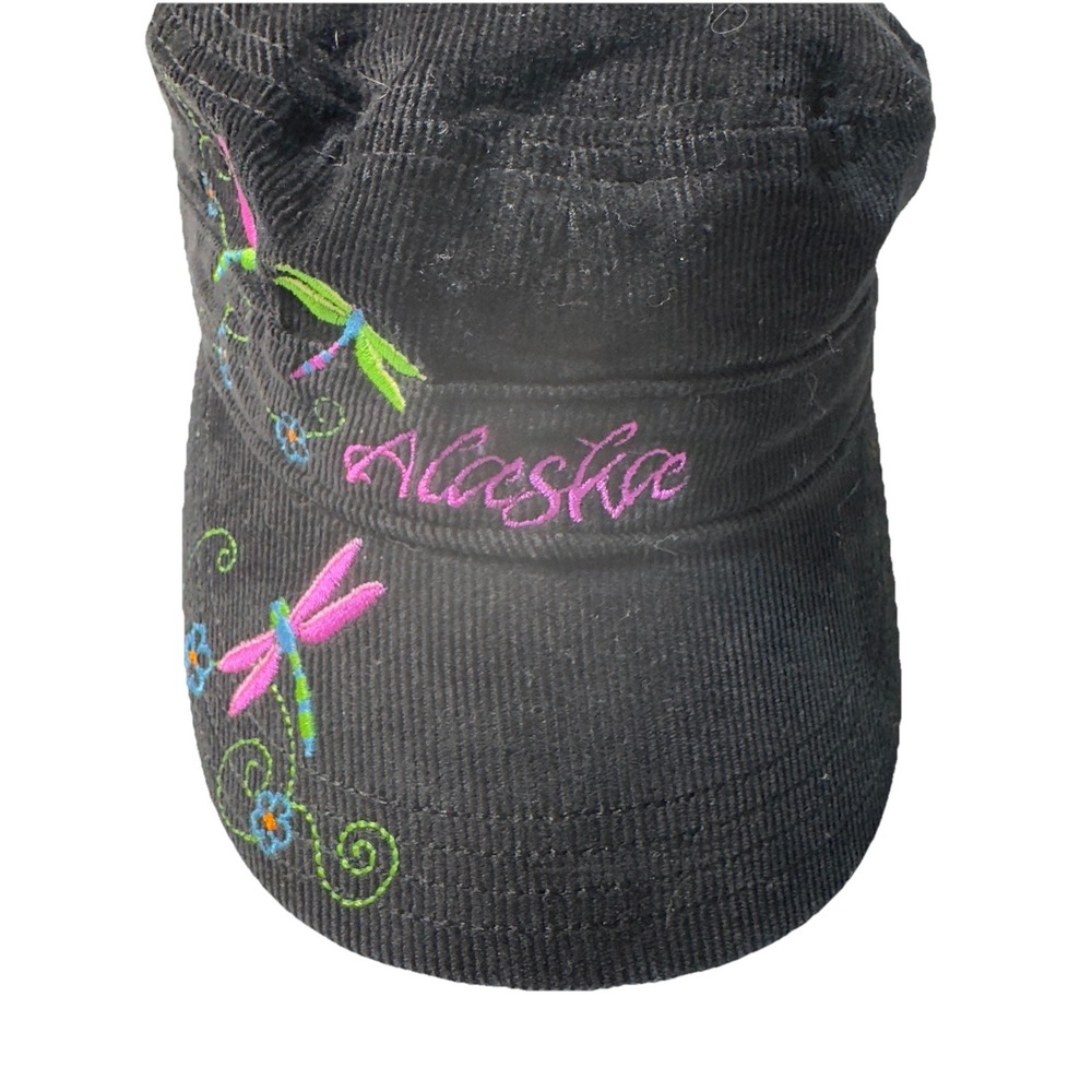Black corduroy cadet hat Alaska stitching dragonfly theme
